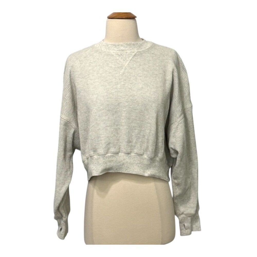 Bassike Beige Waffle Knit Long Sleeve Top Cropped Thumbholes Oversized Size XS
